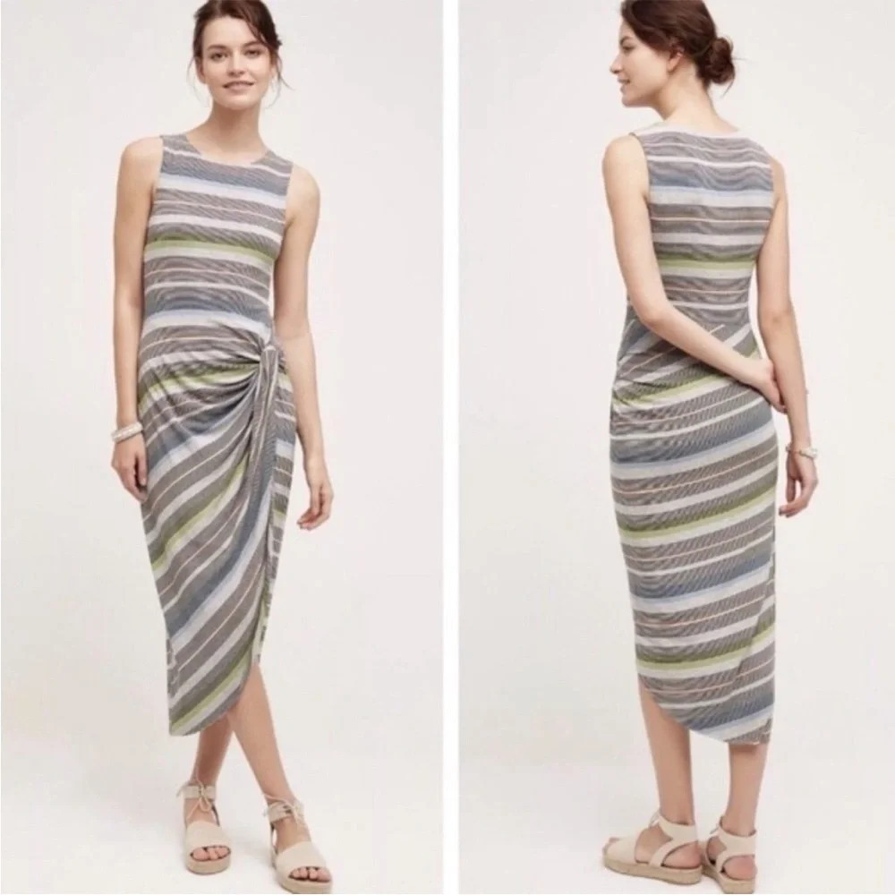 Anthropologie Bailey 44 Striped Sleeveless Midi Dress Side Cinched Gray